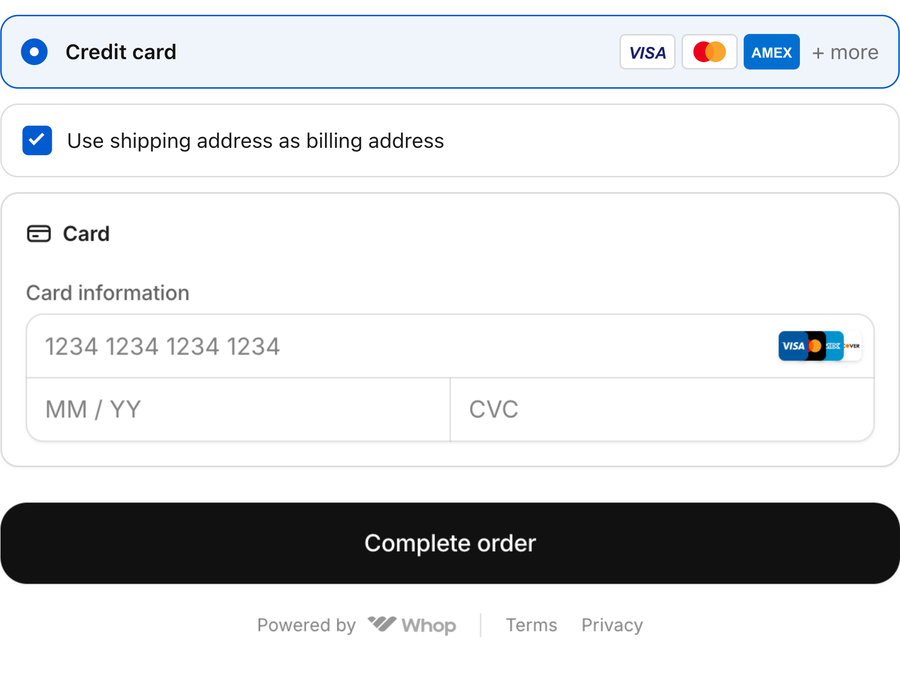 Whop's existing card fields with card number, expiry and security-code inputs